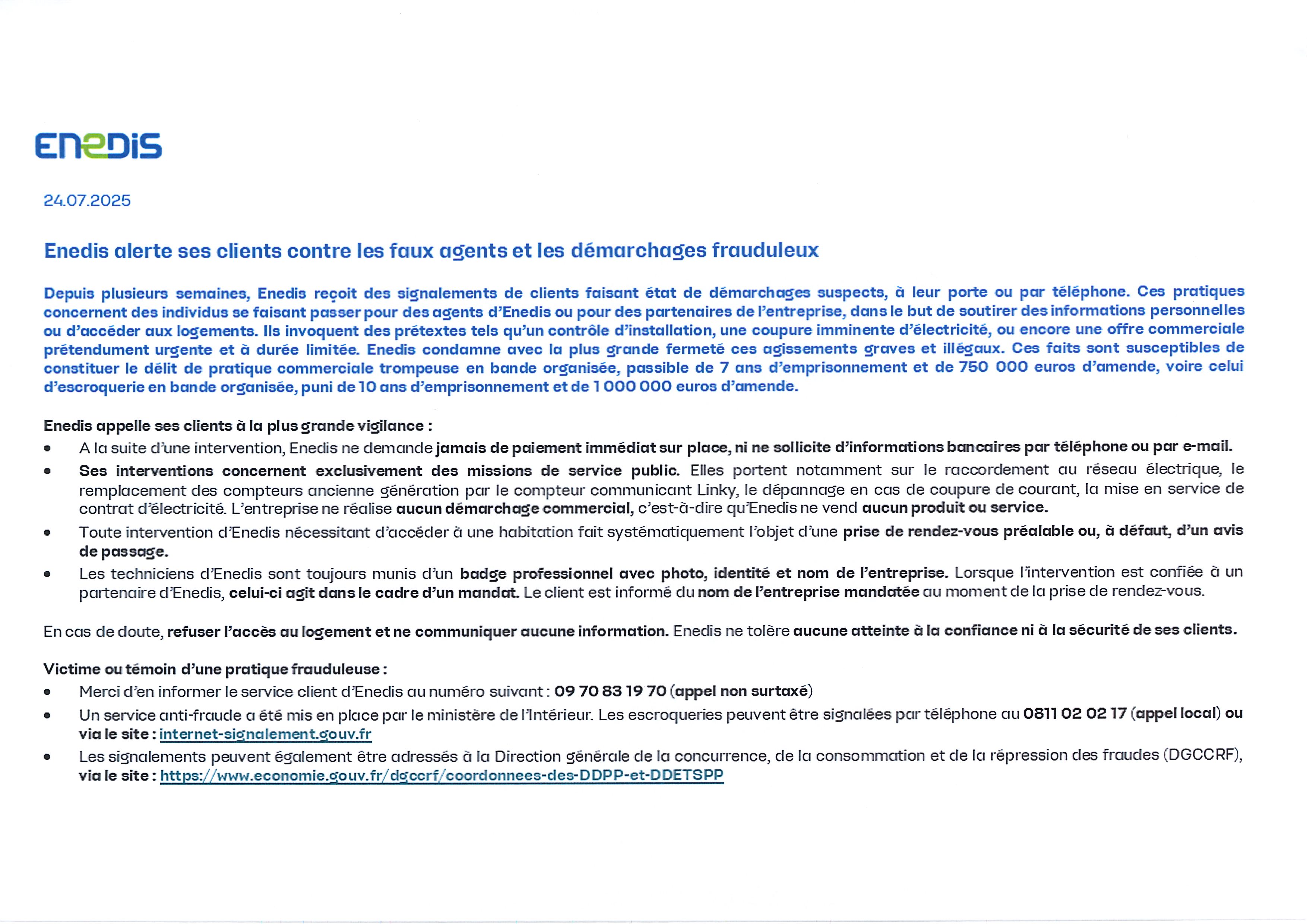 ENEDIS alerte ses clients contre les faux agents et les démarches frauduleux