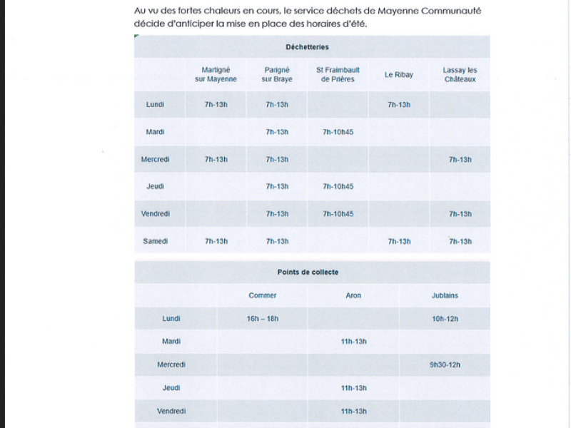 Déchetteries Les Horaires d'Été débutent dès ce vendredi 20 juin 2025