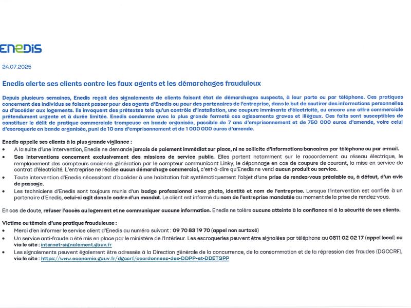 ENEDIS alerte ses clients contre les faux agents et les démarches frauduleux